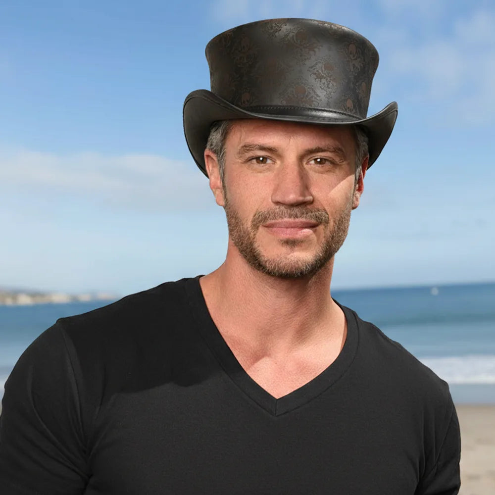 Royal Skull | Mens Black Leather Skull Engraved Top Hat