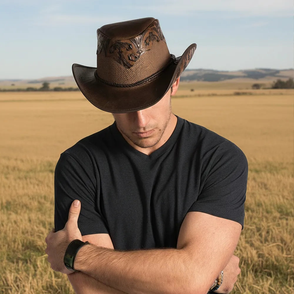 Sierra | Mens Brown Leather Cowboy Hat – American Hat Makers display picture 1
