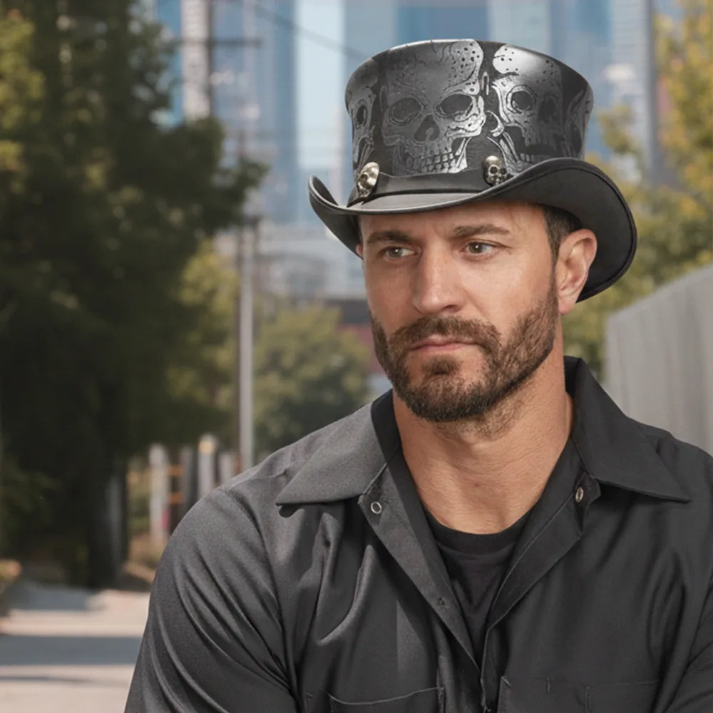 Silver Skull | Mens Leather Top Hat with Skull Hat Band