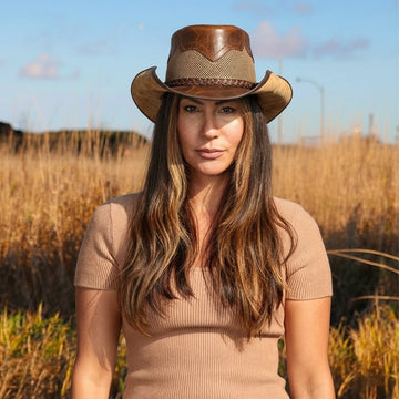 Stampede | Womens Brown Crunch Cowhide Leather Cowgirl Hat with Mesh Sides