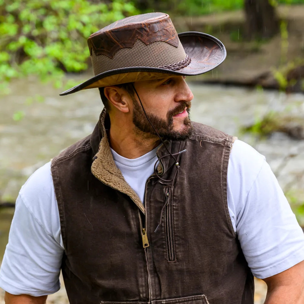 Stampede | Mens Cowhide Leather Cowboy Hat with Mesh Sides