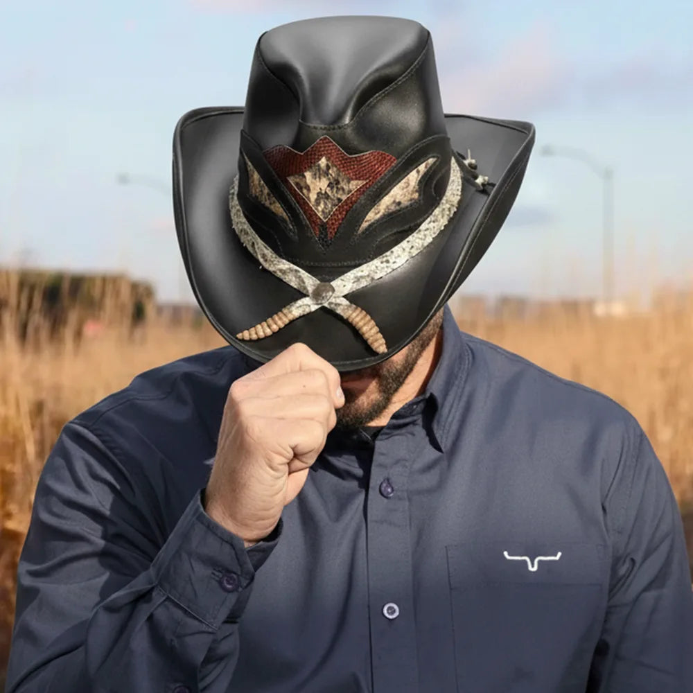Storm Black | Mens Leather and Rattlesnake Black Cowboy Hat Storm Black | Mens Leather and Rattlesnake Black Cowboy Hat