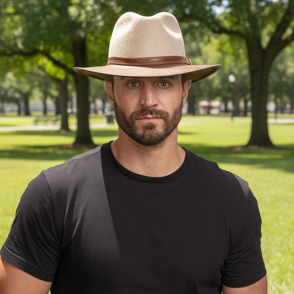 Summit | Mens Oatmeal Felt Leather Fedora Hat