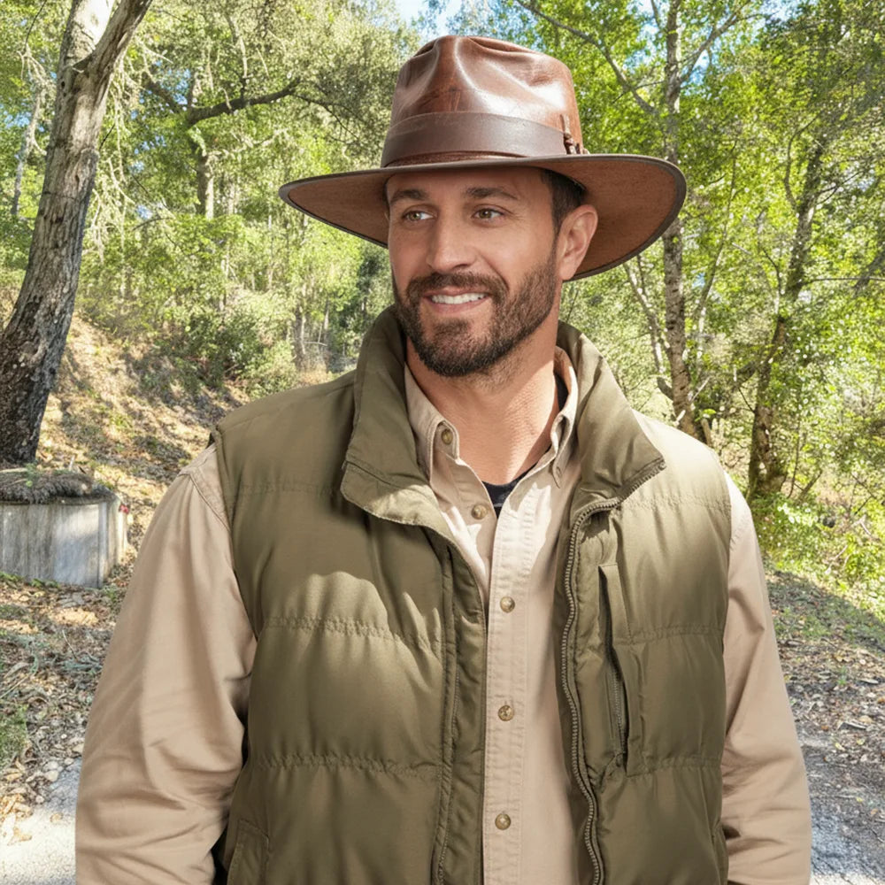 Unforgiven | Mens Brown Wide Brim Bison Leather Outback Hat