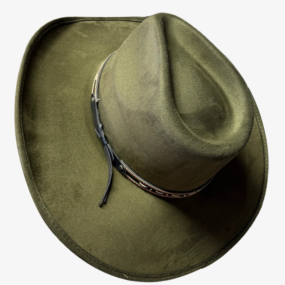 Ace High | Mens Olive Suede Teardrop Crown Rancher Cowboy Hat