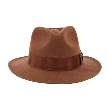 A front view of a brown fedora hat
