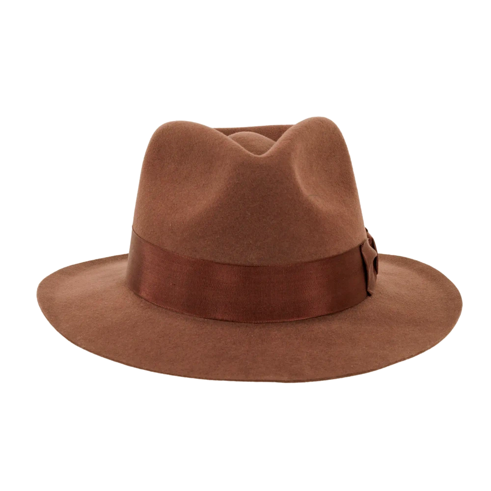 A front view of an adventure brown fedora hat