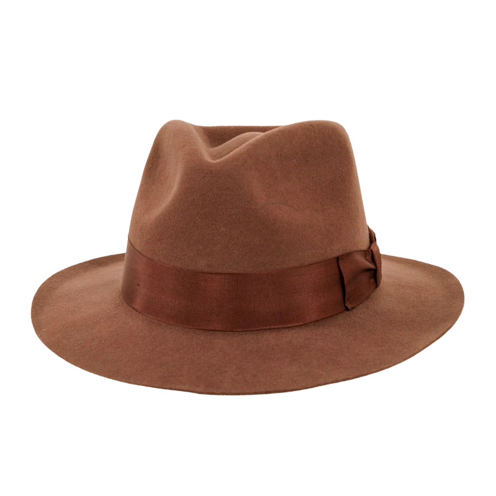 A front angled view of an adventure brown fedora hat 