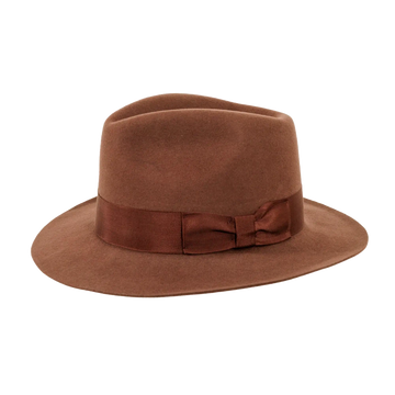 A side view of a adventure brown fedora hat 