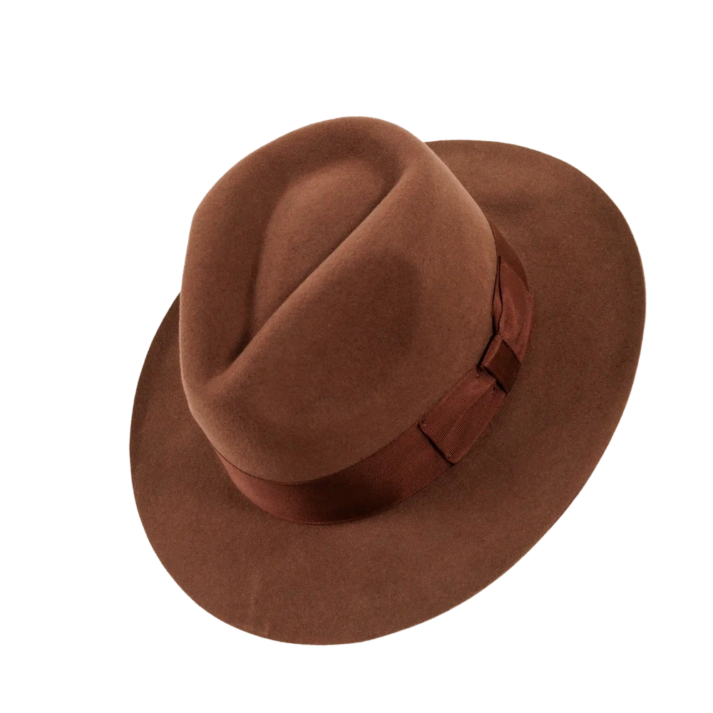 An Angle top view of an adventure brown fedora hat 