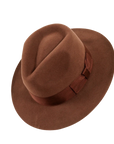 An Angle top view of an adventure brown fedora hat 