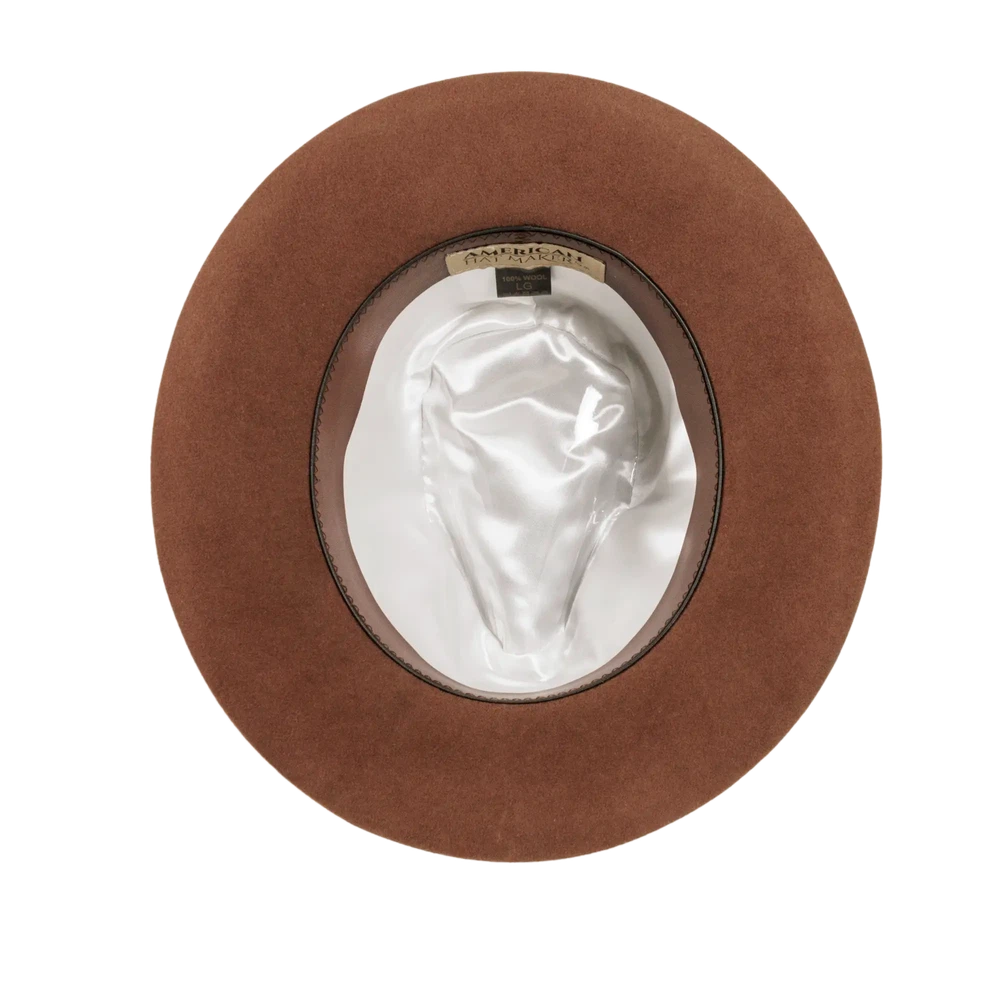 A bottom view of a adventure brown fedora hat