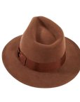 A back top view of a adventure brown fedora hat 