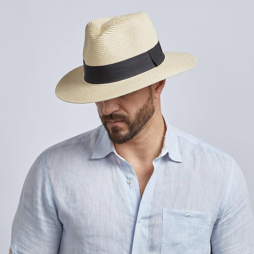 Afternoon Mens Straw Sun Hat on a male model wearing a light blue polo