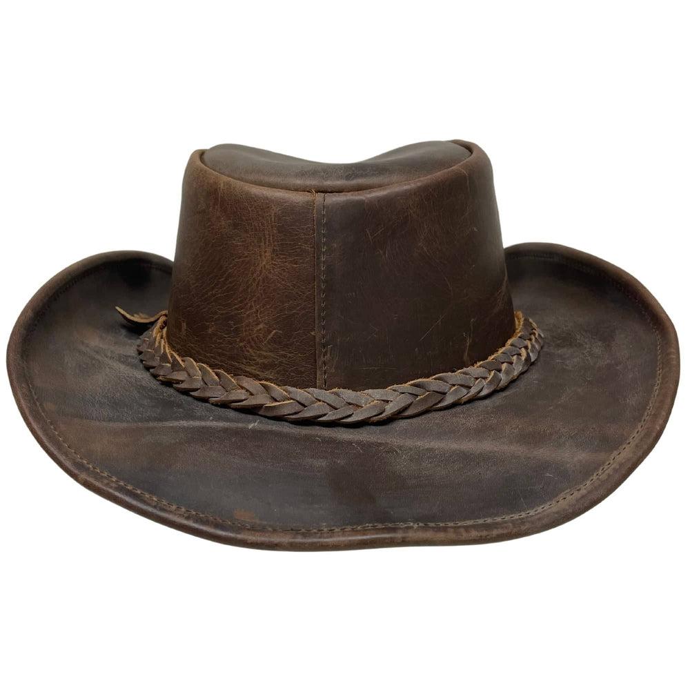 Back Woods Brown Leather Outback Hat by American Hat Makers back view