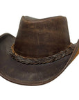 Back Woods Brown Leather Outback Hat by American Hat Makers angled view