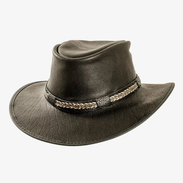 Bison | Mens Black Bison Leather Packable Outback Hat – American