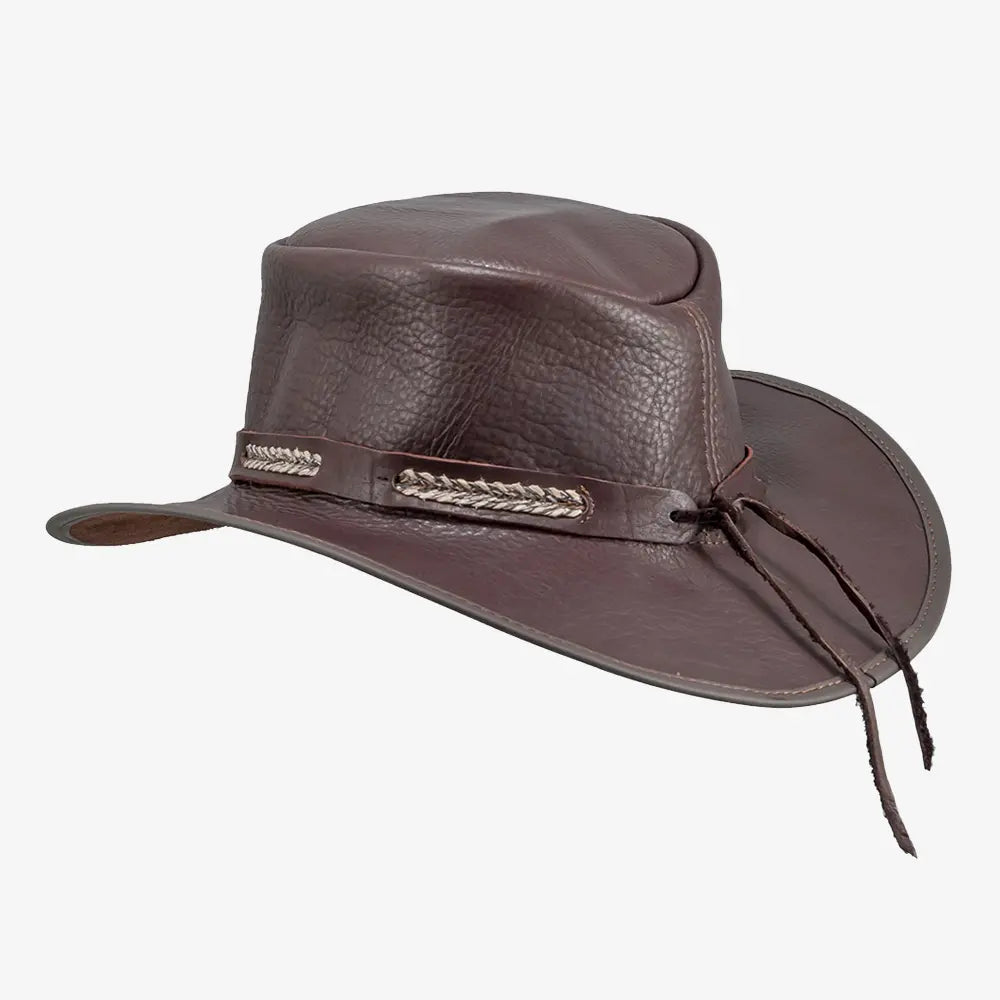 Bison | Mens Brown Bison Leather Packable Outback Hat – American