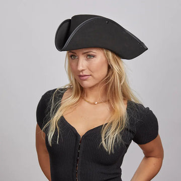 Blackbeard | Womens Black Tricorne Leather Pirate Hat