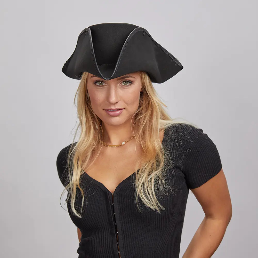 Blackbeard | Womens Black Tricorne Leather Pirate Hat
