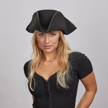 Blackbeard | Womens Black Tricorne Leather Pirate Hat