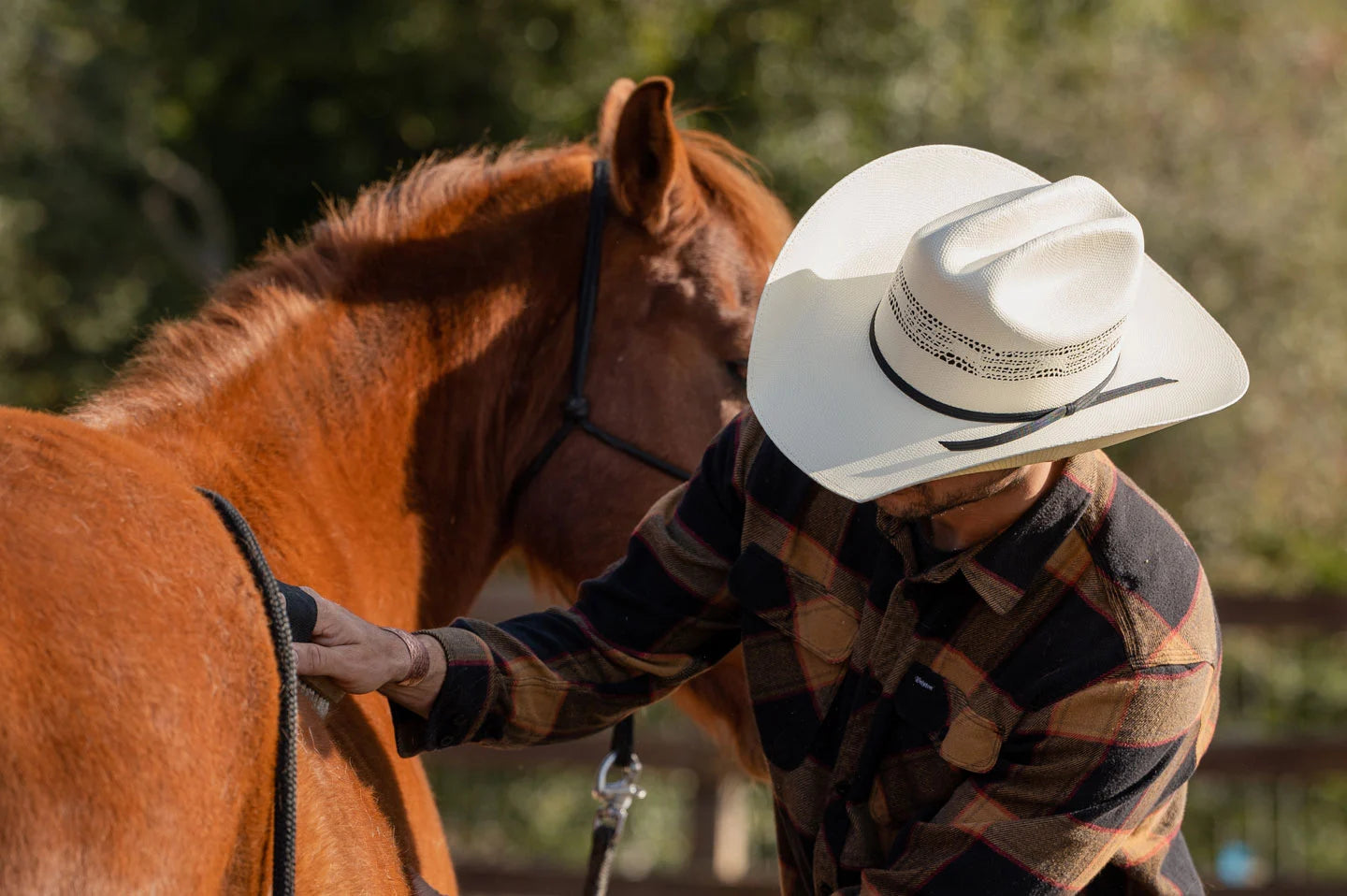 Man taking care of horse while wearing the Bozeman white cowboy hat by American Hat Makers