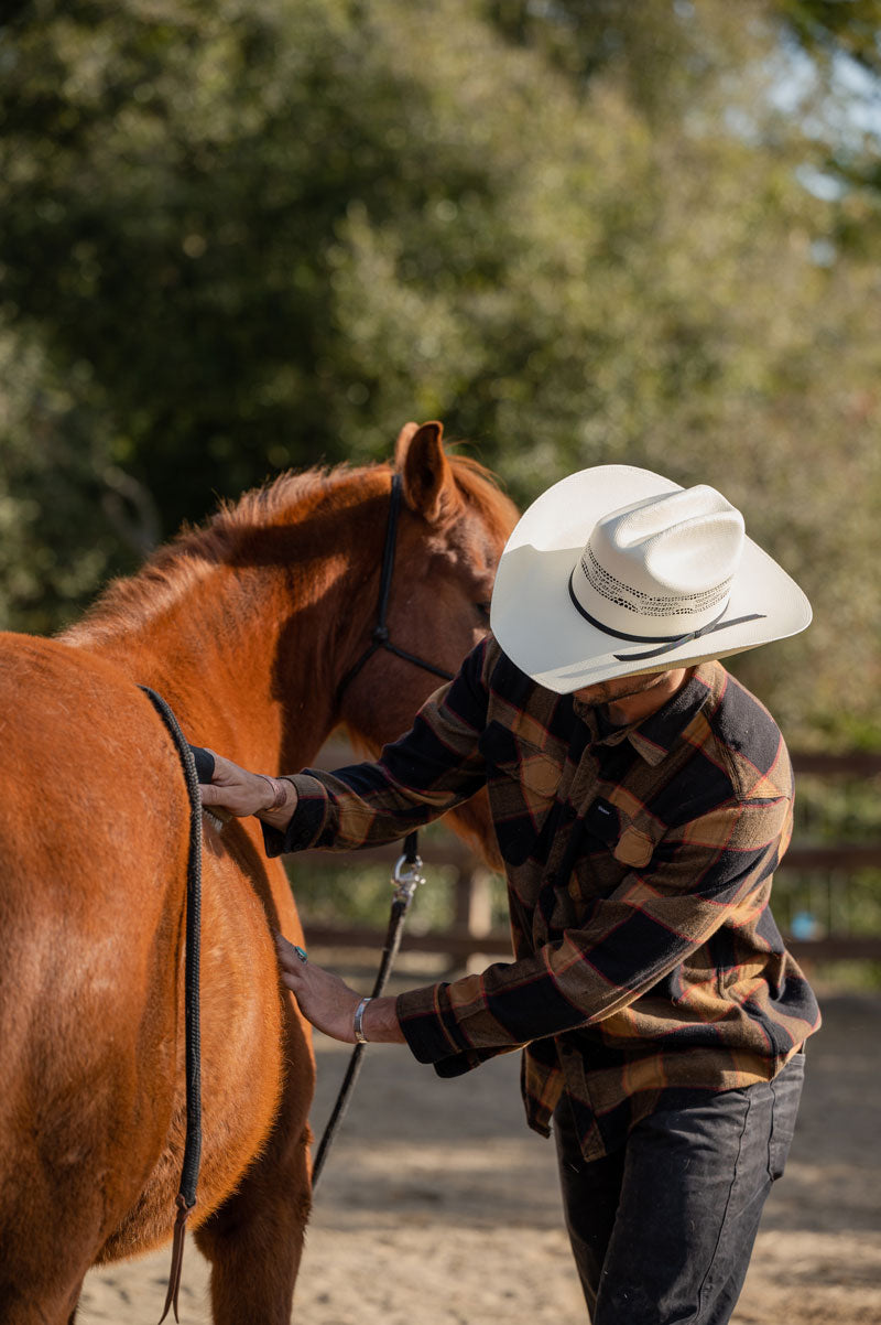 A man taking care of a horse wearing a cream straw hat