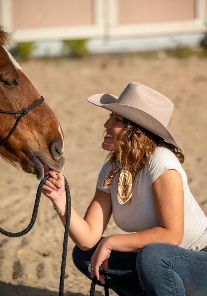 A woman squatting down in front of a horse wearing a white shirt, and a cowboy hat