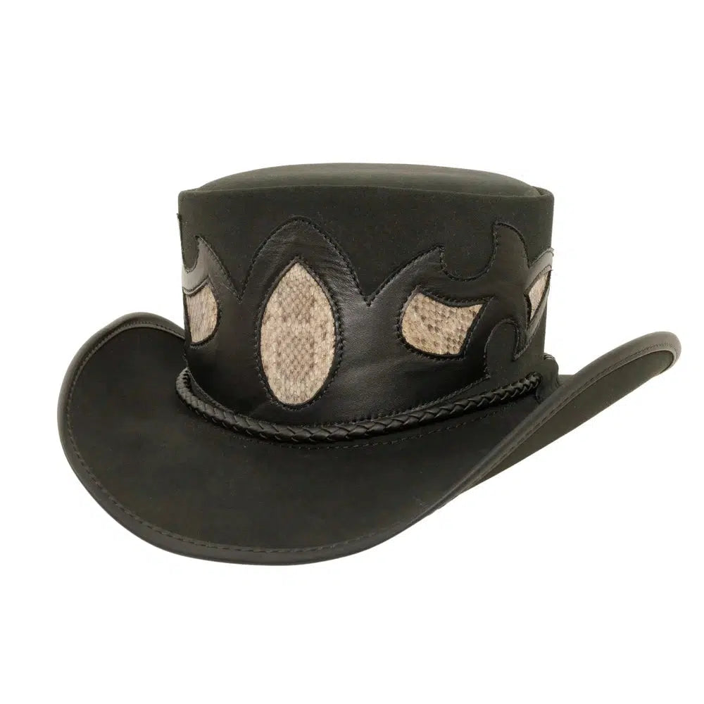 charmer black leather top hat angled right view