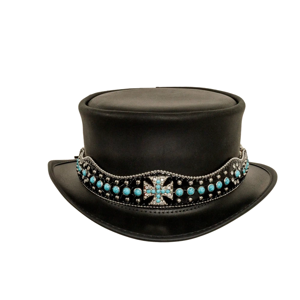 chopper mens black leather top hat front view