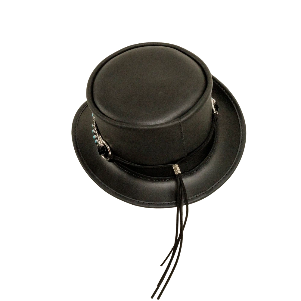 chopper mens black leather top hat top view
