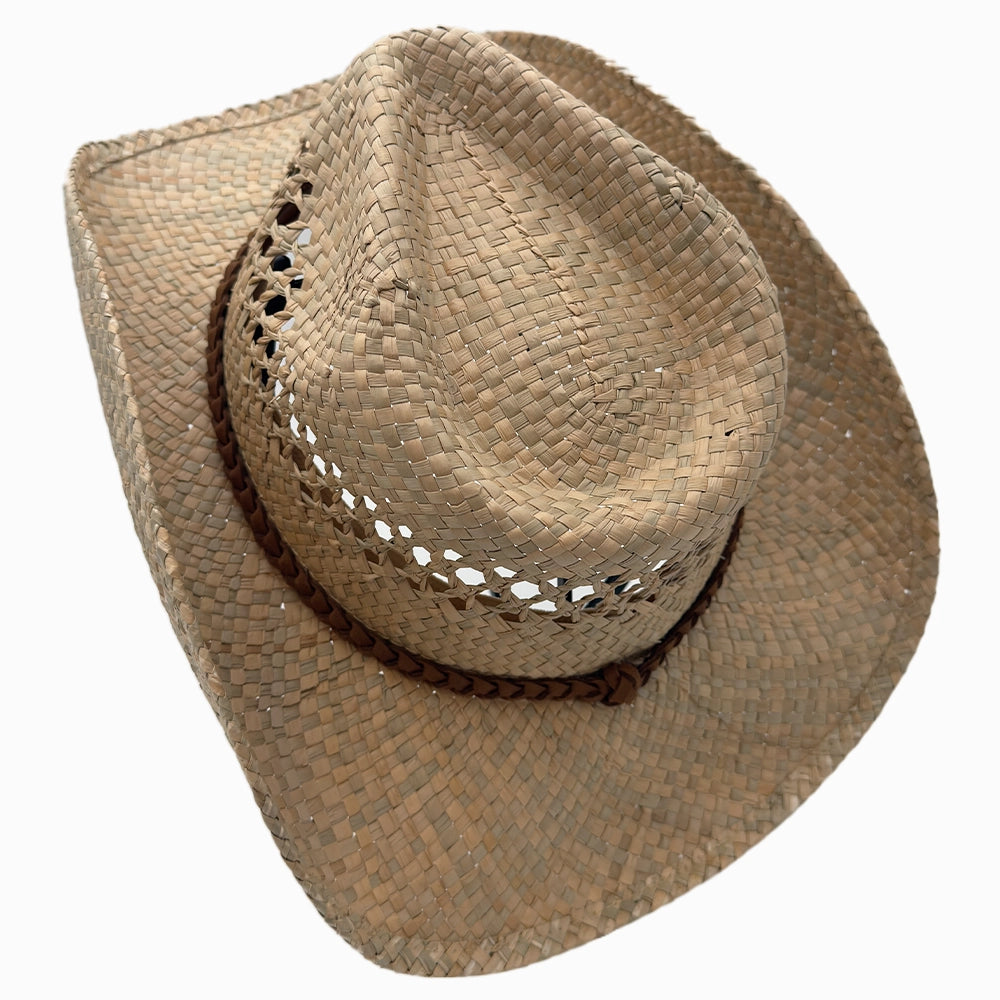Coastal | Womens Natural Seagrass Western Curl Pinch Front Straw Cowgirl Hat