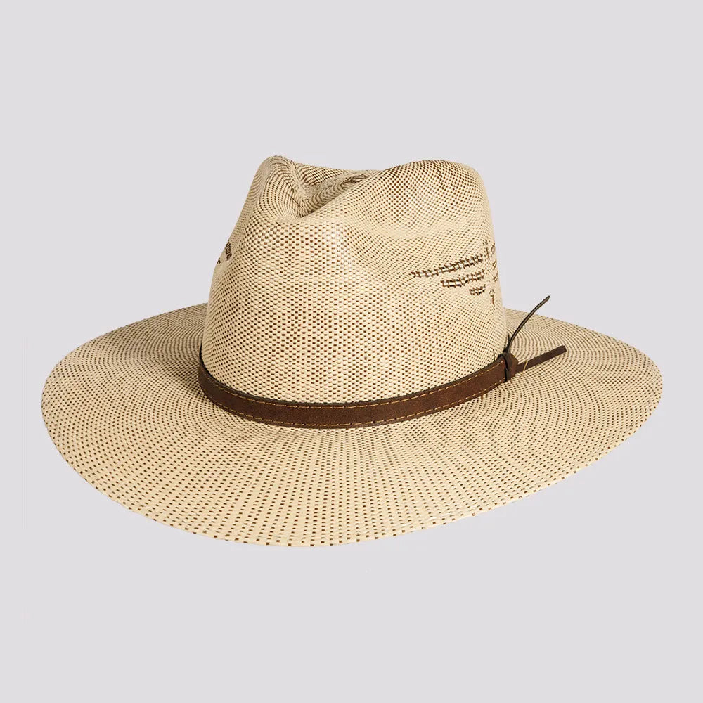 Dover | Mens Tan Bangora Straw Flat Brim Pinch Front Sun Hat