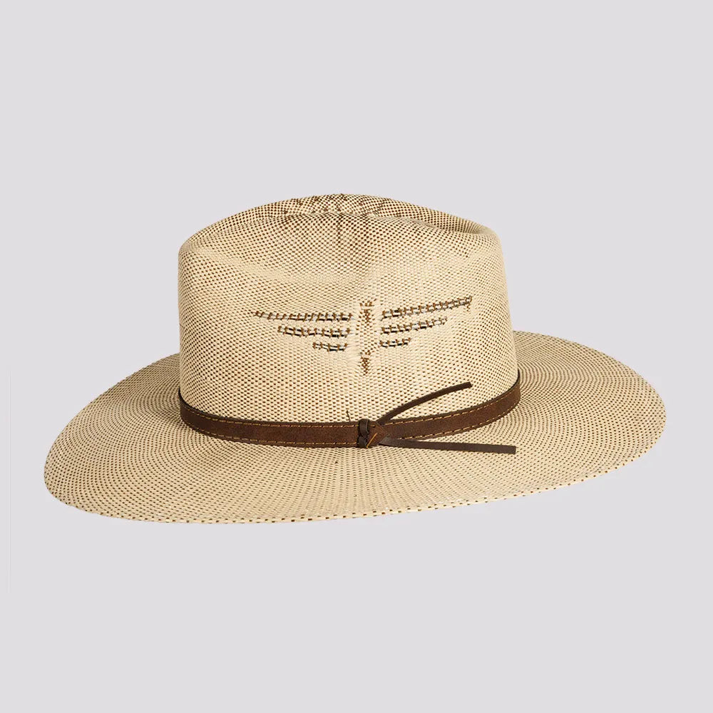 Dover | Mens Tan Bangora Straw Flat Brim Pinch Front Sun Hat