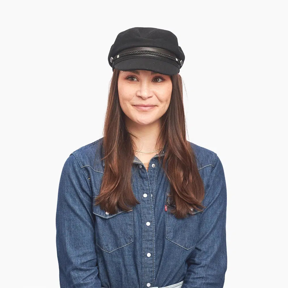 Downtown Womens Black Cap worn by a woman wearing a denim jacket