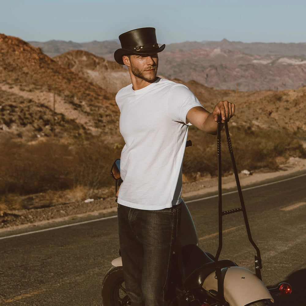 El Dorado SR2 | Mens Black Leather Top Hat with SR2 Hat Band