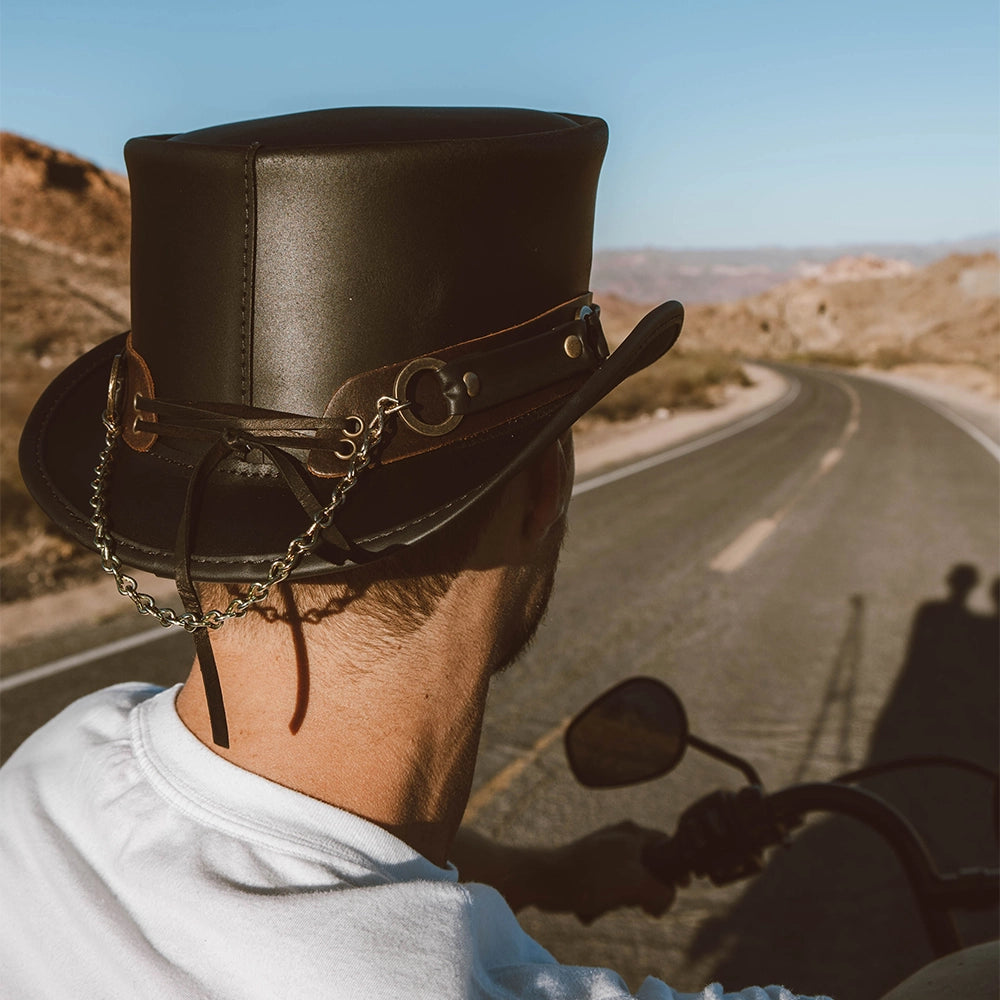 El Dorado SR2 | Mens Black Leather Top Hat with SR2 Hat Band