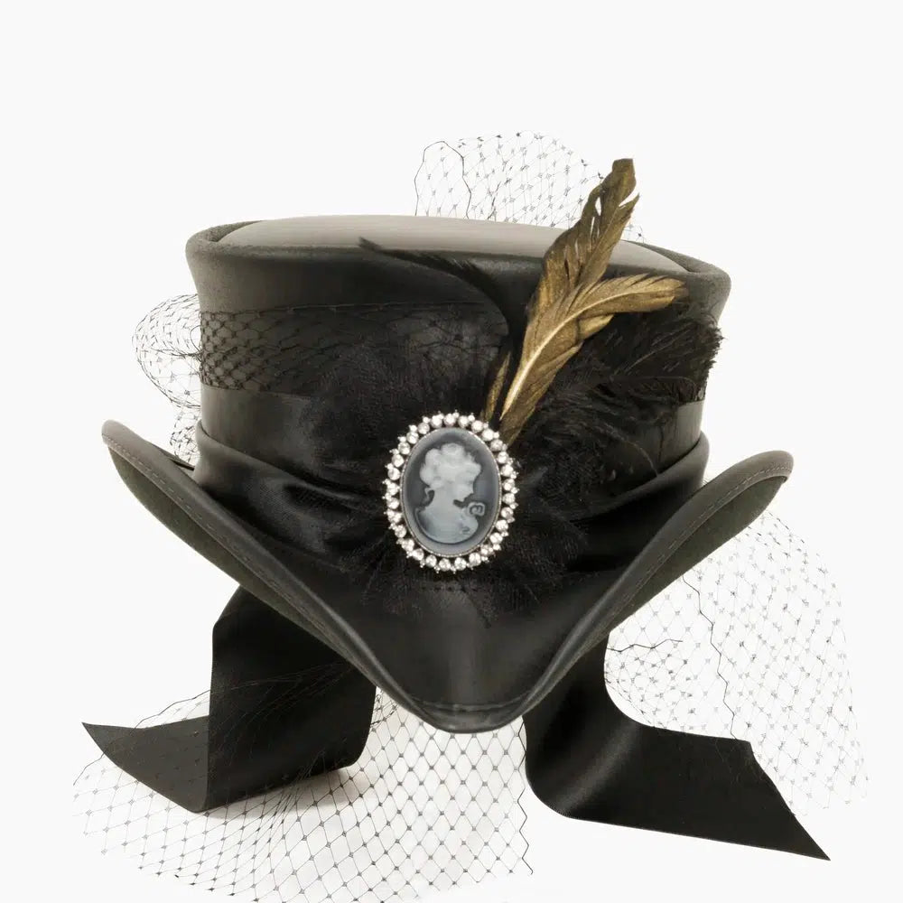 fancy black leather top hat front view