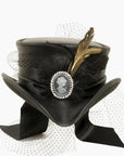 fancy black leather top hat front view