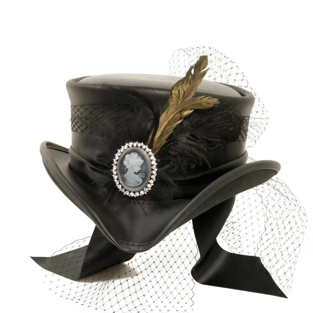 Fancy black leather top hat front view