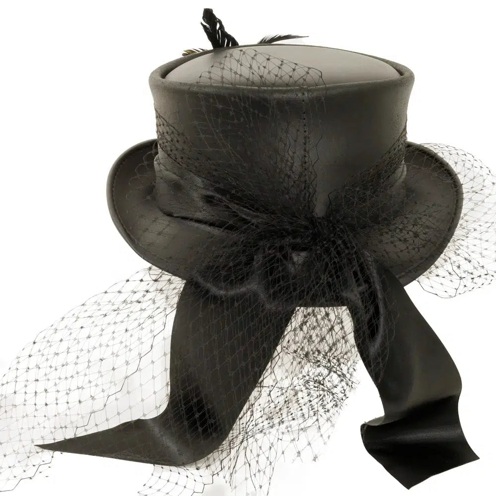 fancy black leather top hat back view