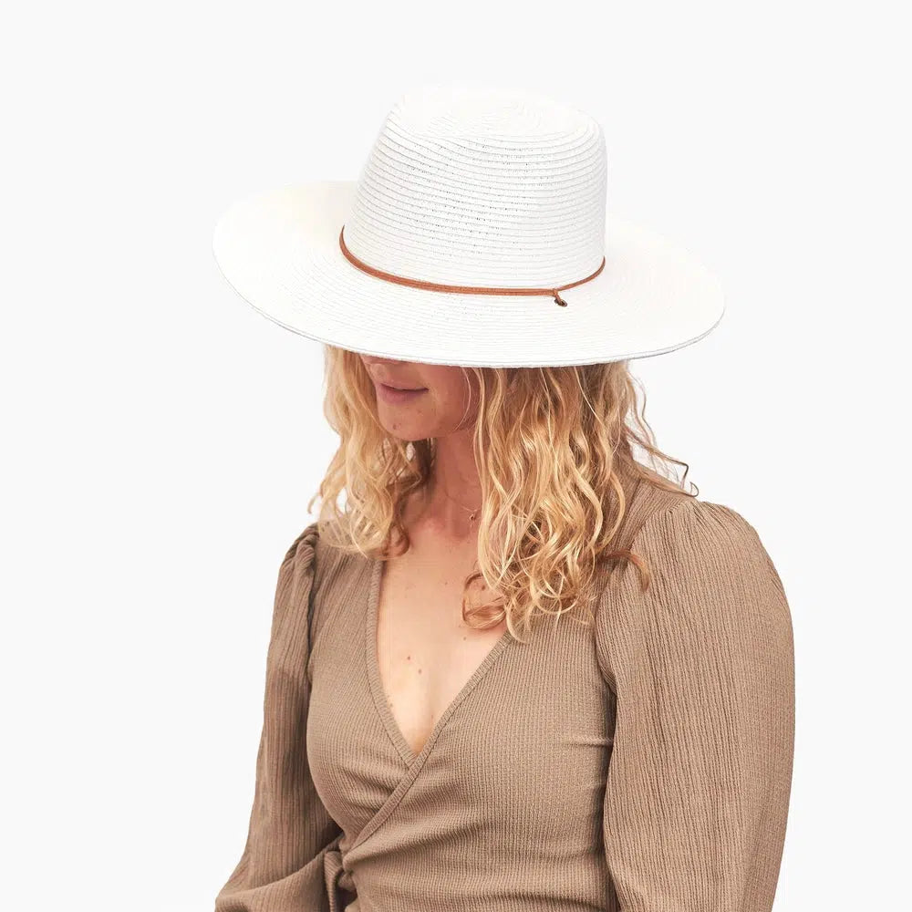 A woman wearing a brown dress and white straw sun hat