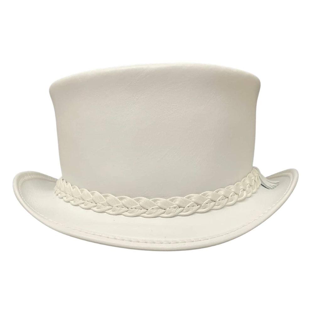 A front view of a Ghost Rider White Leather Top Hat
