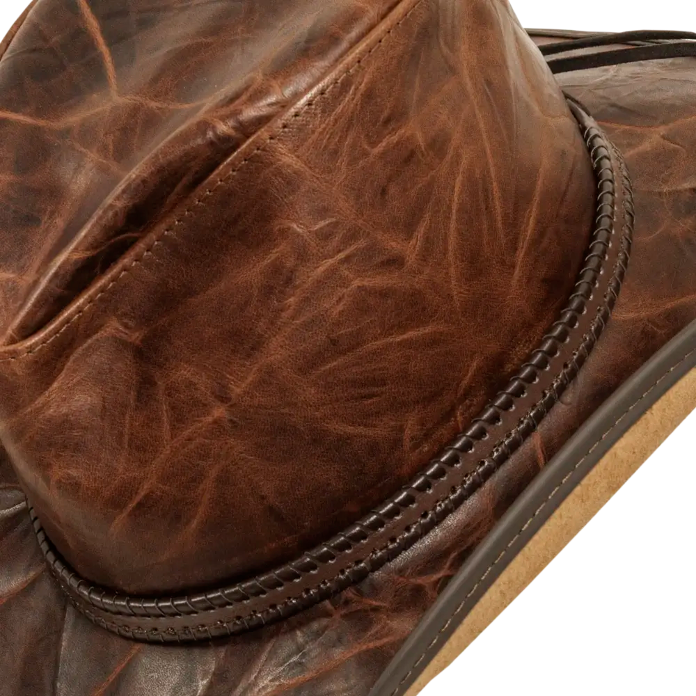 harley brown leather cowboy hat close up