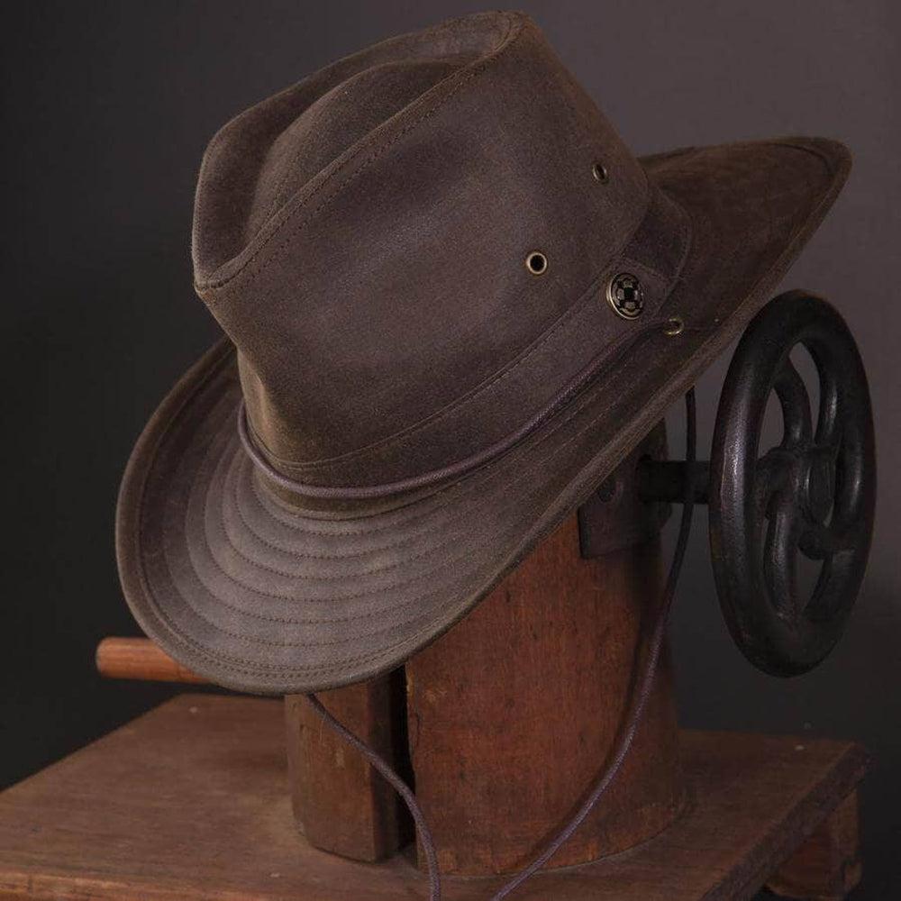 Irwin Brown Fabric Outback Fedora Hat by American Hat Makers on a stand