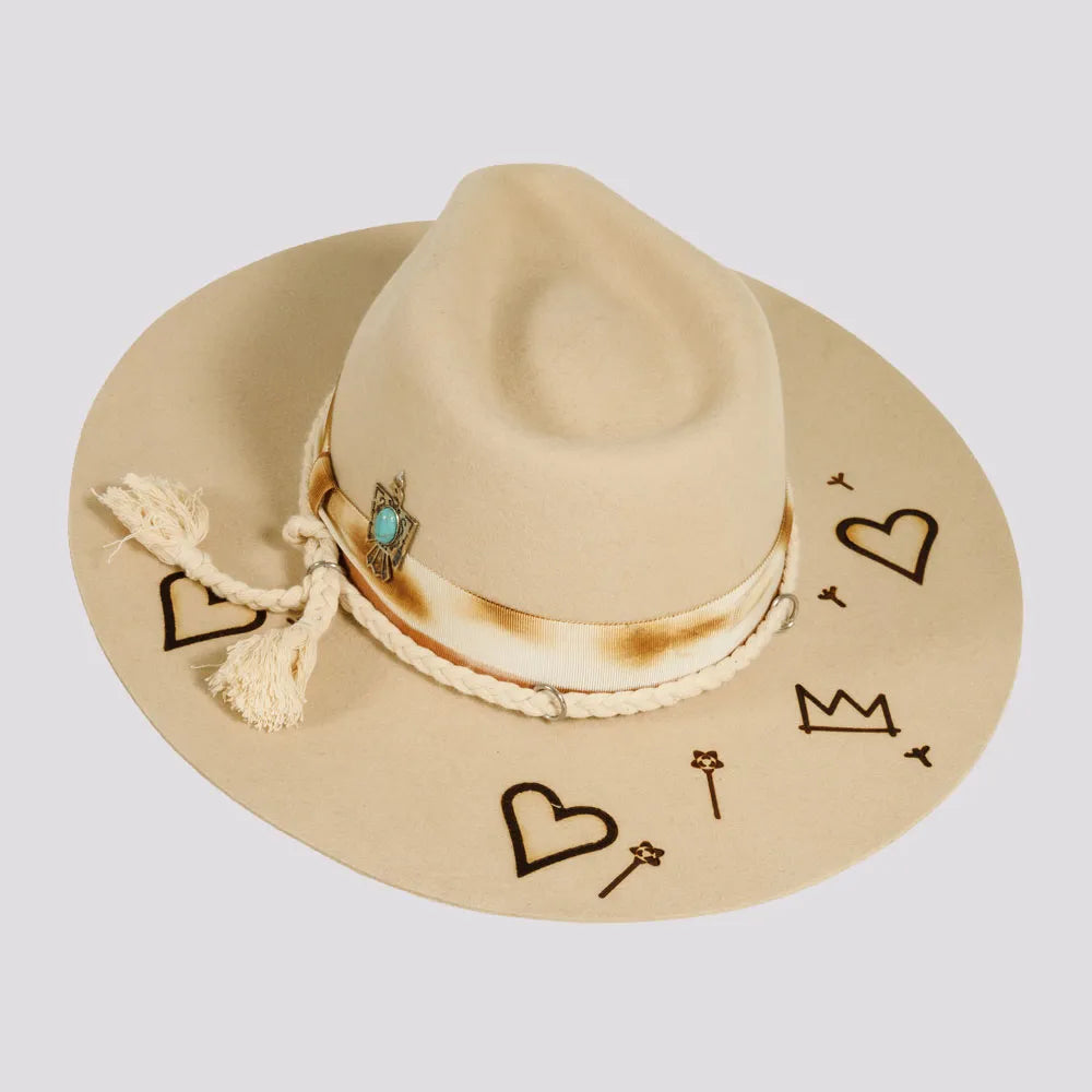 Kai | Womens Wool Felt Outback Fedora Hat with Heart Designs