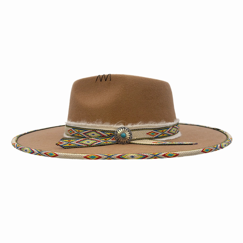 Lakota | Womens Fawn Wool Felt Rancher Fedora Hat with Tribal Trim