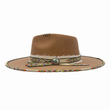 Lakota | Womens Fawn Wool Felt Rancher Fedora Hat with Tribal Trim