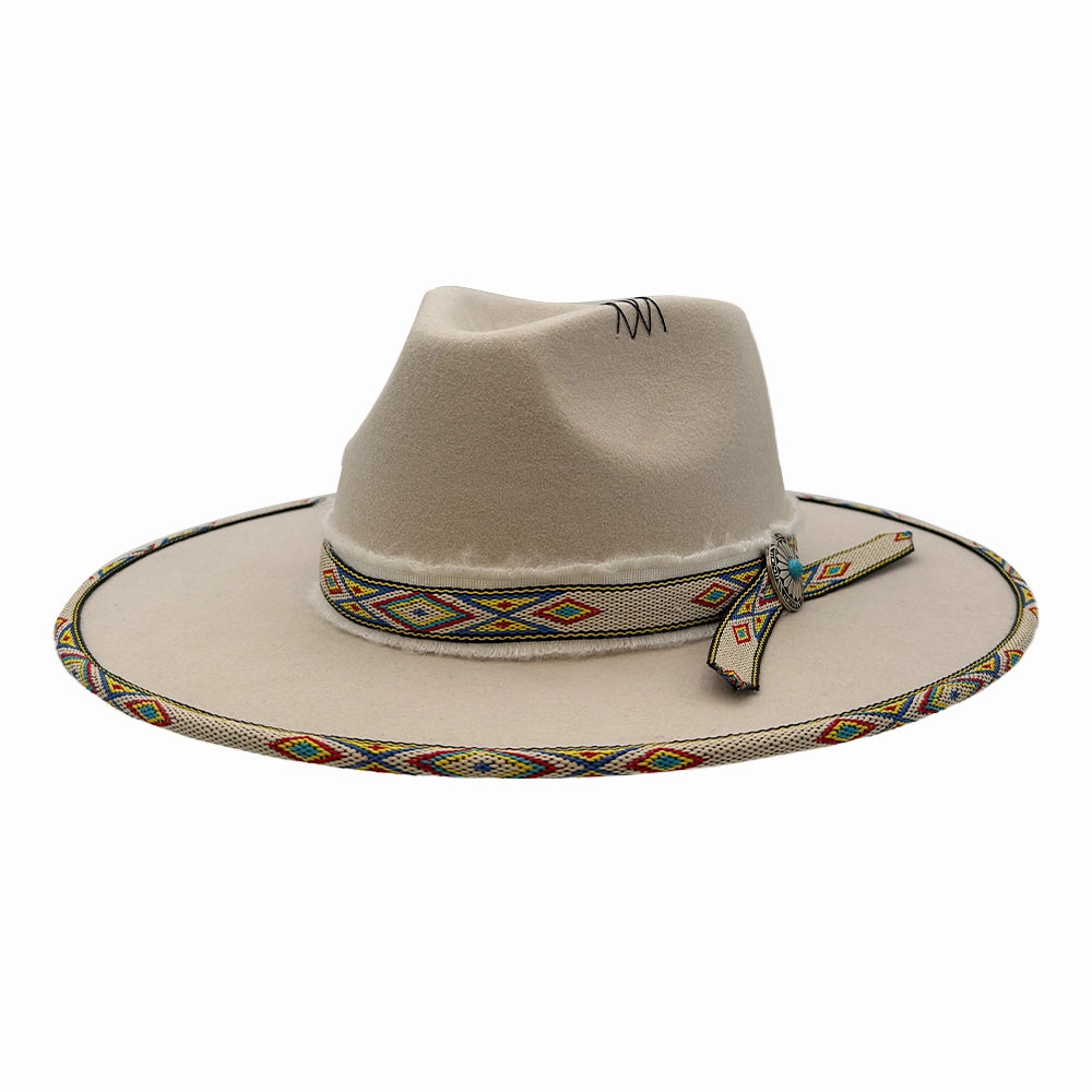 Lakota | Womens Silver Wool Felt Rancher Fedora Hat with Tribal Trim