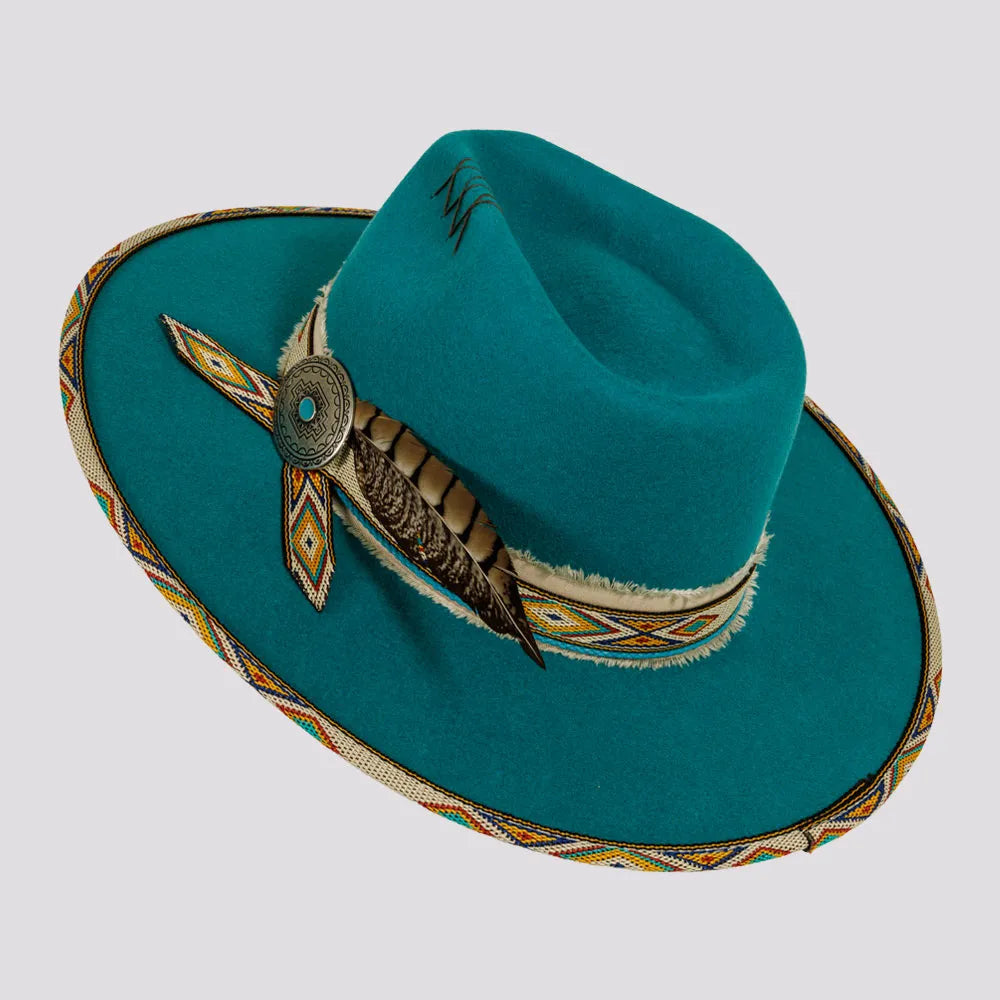 Lakota | Womens Wool Felt Rancher Fedora Hat with Tribal Trim